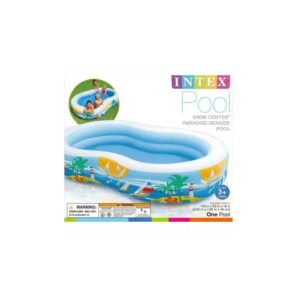 Intex 8.5ft x 5.25ft x 18in Swim Center Paradise Seaside Inflatable Kiddie Pool with Drain Plug for Quick and Easy Clean Up