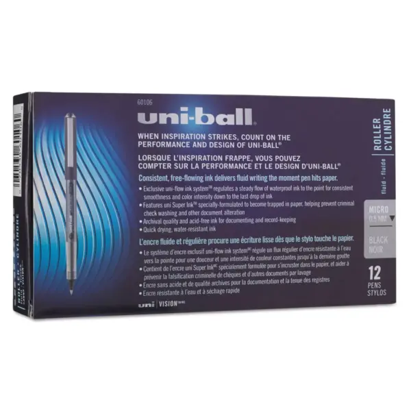 uni-ball Vision Roller Ball Stick Waterproof Pen Black Ink Micro Dozen 60106