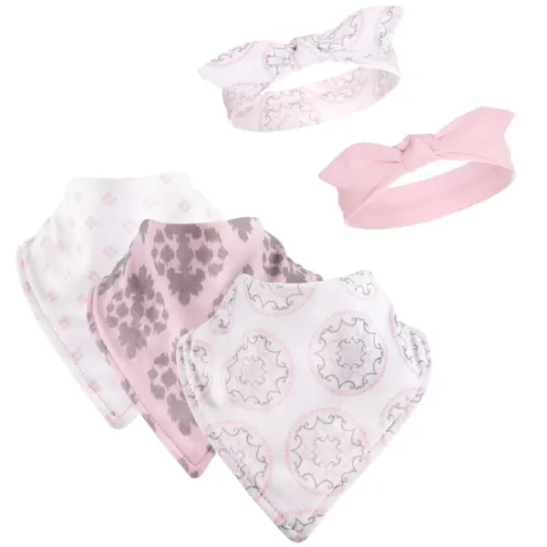 Yoga Sprout Baby Girl Cotton Bandana Bibs and Headbands 5pk, Boho Medallion, One Size