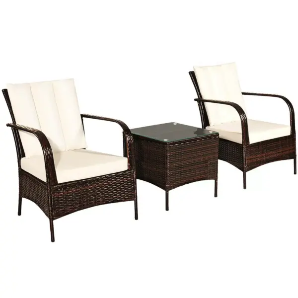 Costway 3 PCS Patio Rattan Furniture Set Coffee Table & 2 Rattan Chair W/White Cushions