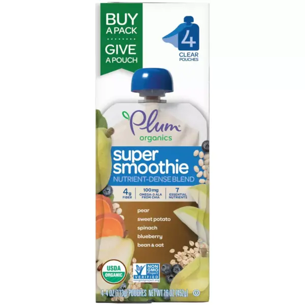 Plum Organics 4pk Super Smoothie Pear Sweet Potato Spinach Blueberry Bean & Oat - 16oz