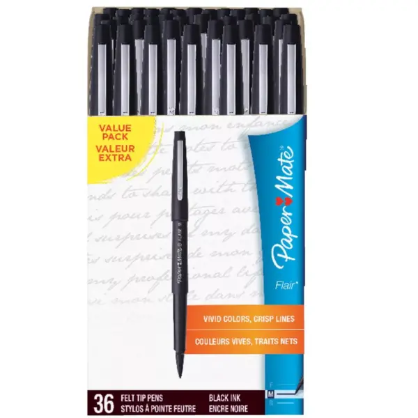 Paper Mate Flair Felt Tip Pens, Medium Point, Black, pk of 36