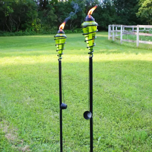 Sunnydaze Outdoor Adjustable Height Glass and Metal Swirl Patio and Lawn Citronella Torch Set - Green - 2pk