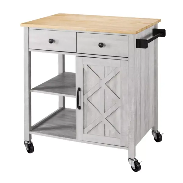 34" Kitchen Cart with Wood Top Saw Cut White - Home Essentials