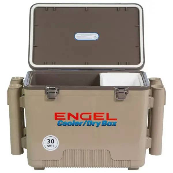 Engel 30-Quart 48 Can Portable Leak-Proof Compact Lightweight Insulated Airtight Hard Drybox Cooler with 4 Rod Holders for Fishing, and Camping, Tan