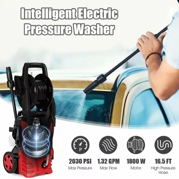 Costway 2030PSI Electric Pressure Washer Cleaner 1.7 GPM 1800W with Hose Reel Red