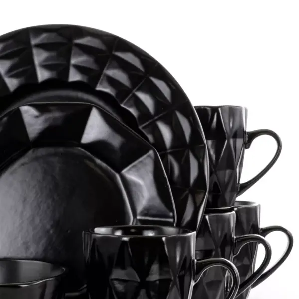 16pc Stoneware Diamond Cut Dinnerware Set Black - Elama