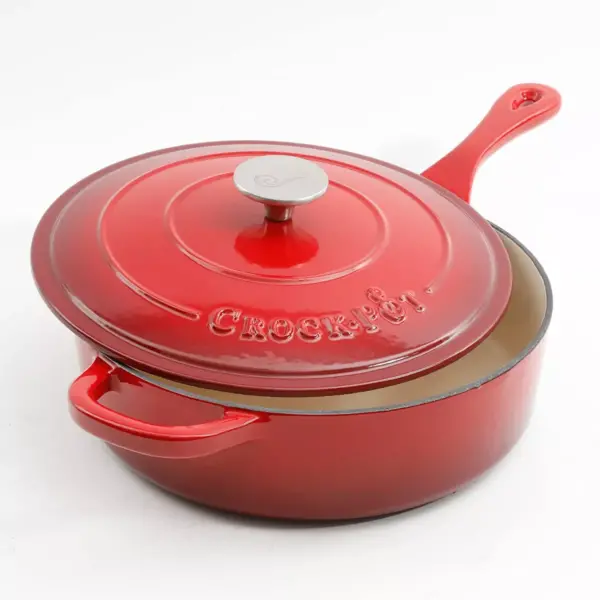 Crock-Pot Artisan 3.5 Quart Deep Low Maintenance Nonstick Enameled Cast Iron Cooking Saute Pan with Innovative Self Basting Lid, Red