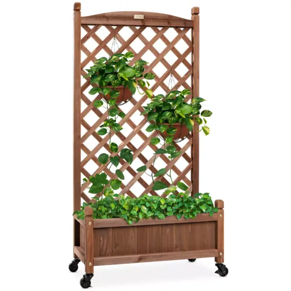 Best Choice Products 48in Mobile Wood Planter Box & Diamond Lattice Trellis, w/ Drainage Holes, Optional Wheels - Walnut