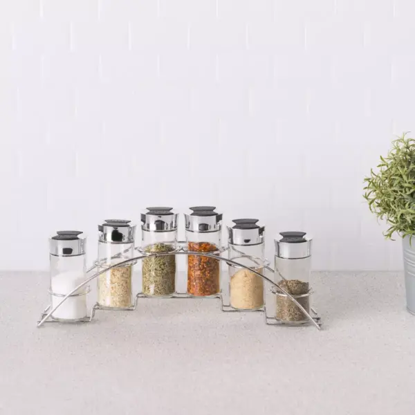 Home Basics Ultra Sleek Half Moon Steel Seasoning and Herbs Organizing Spice Rack with 6 Empty Glass Spice Jars, Chrome