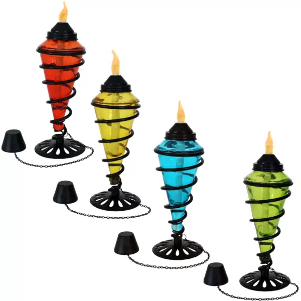 Sunnydaze Outdoor Tabletop Glass and Metal Swirl Patio Table and Lawn Citronella Torch Set - Blue, Red, Green, and Yellow - 4pc