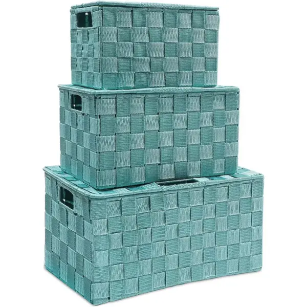 3-Pack Woven Storage Shelf Baskets Bin Box Organizer Rectangle Set, Turquoise 3 Sizes