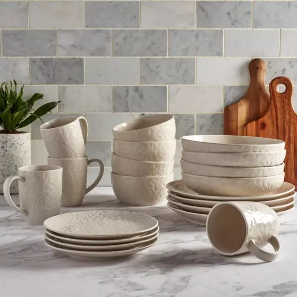 20pc Stoneware Embossed Boxwood Dinnerware Set White - Tabletops Gallery