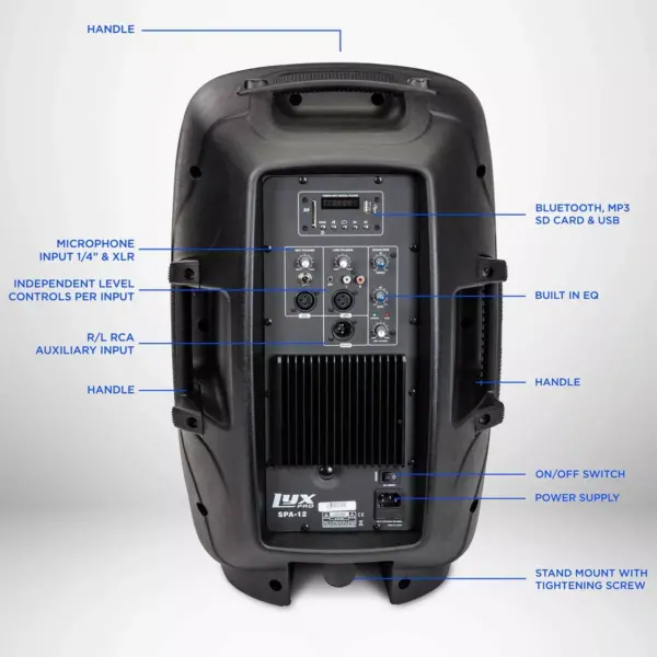 LyxPro 12'' PA System Powerful Compact PA Portable Active Speaker System with Equalizer, Bluetooth, SD Card Slot, USB, MP3, XLR, 1/4'', 3.5mm Input Connections - SPA-12