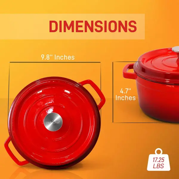 NutriChef 5 Quart Non Stick Porcelain Enameled Round Cast Iron Dutch Oven with Self Basting Lid and Handles, Red