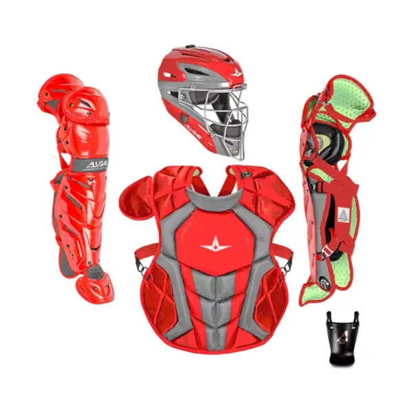 All-Star Sports S7 Axis Ages 12 to 16 Protective Baseball Catchers Gear Set with Mask Helmet, Chest Protector, and Leg Guards, Scarlet