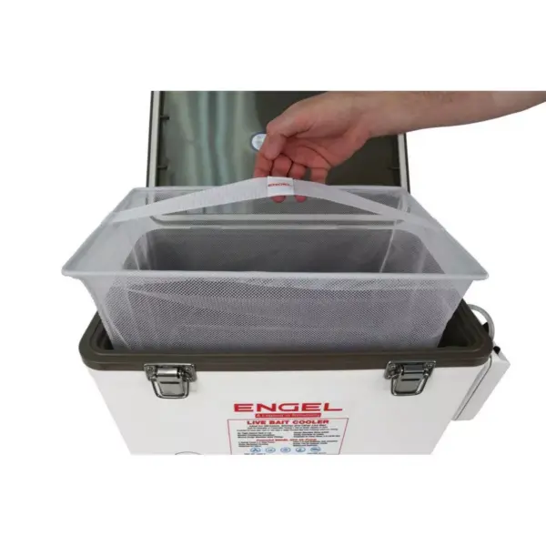 Engel 19 Quart Portable Insulated Live Bait Fishing Dry Box 32 Can Hard Airtight Cooler with Water Speed Aerator Pump and Removable Pull Net , White