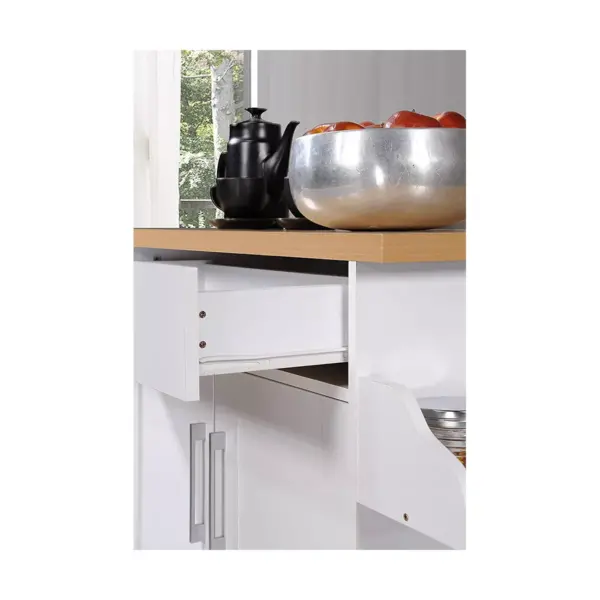 Hodedah Wheeled Kitchen Island with Spice Rack and Towel Holder, White/Beech