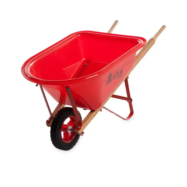 HearthSong - Kid's Red Garden Wheelbarrow with Wood Handles, Steel Braces and Solid Tire