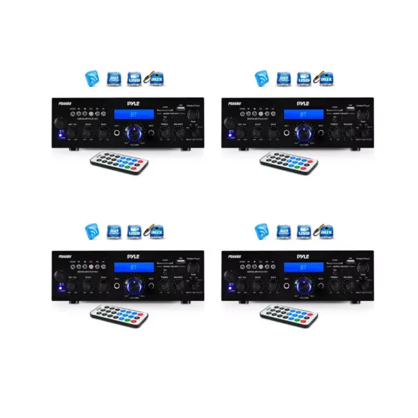 Pyle 200 Watt Bluetooth Home Theater Desktop Stereo Amplifier Receiver with LCD Display, USB Port, SD Card Reader, Remote and FM Antenna (4 Pack)