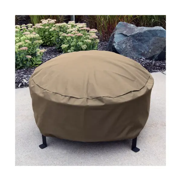 Sunnydaze Outdoor Heavy-Duty Weather-Resistant PVC and 300D Polyester Round Fire Pit Cover with Drawstring Closure - 58" - Khaki