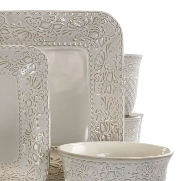 16pc Stoneware Floral Dove Dinnerware Set White - Elama