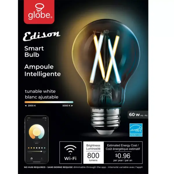 Smart 60W Equivalent Vintage Filament Tunable White LED Wi-Fi Enabled Voice Activated A19 E26 Light Bulb