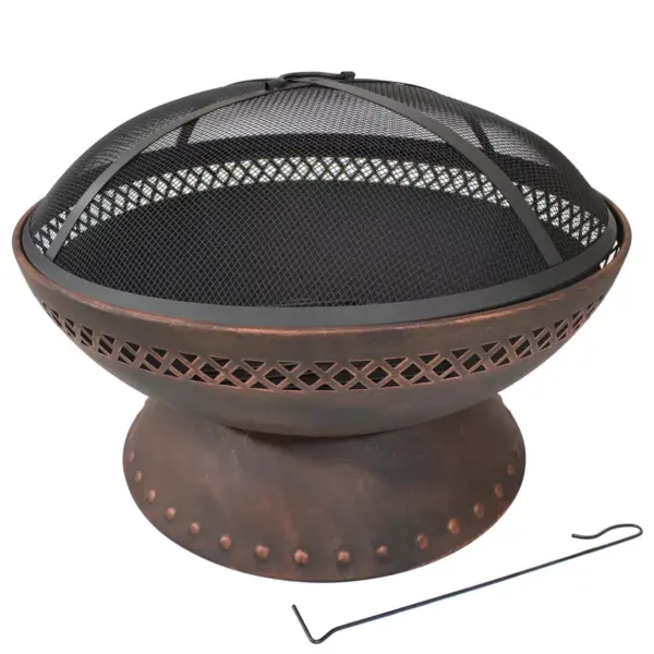 Sunnydaze Outdoor Camping or Backyard Steel Chalice Fire Pit with Spark Screen and Log Poker - 25" - Copper Finish