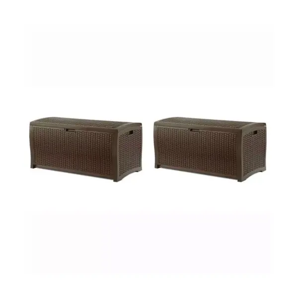 Suncast 73 Gallon Mocha Wicker Resin Outdoor Patio Storage Deck Box (2 Pack)