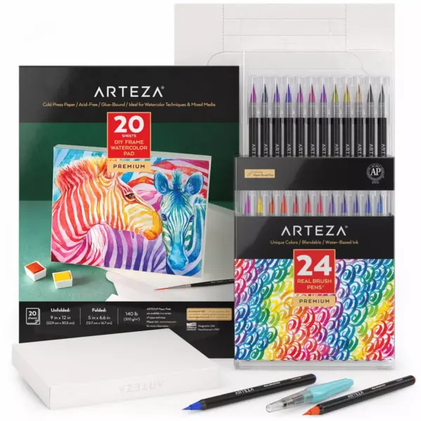 Arteza Watercolor Painting Art Set, Real Brush Pens 24 and Foldable Canvas Paper (ARTZ-3565)