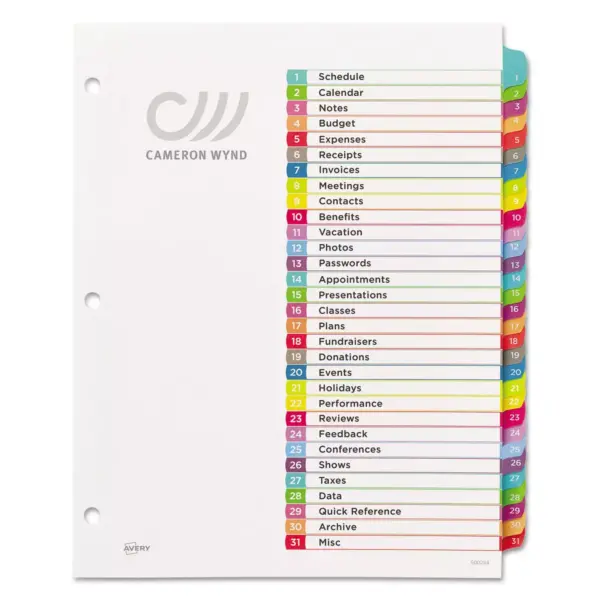 Avery Ready Index Table of Contents Dividers Multicolor Tabs 1-31 Letter 11846