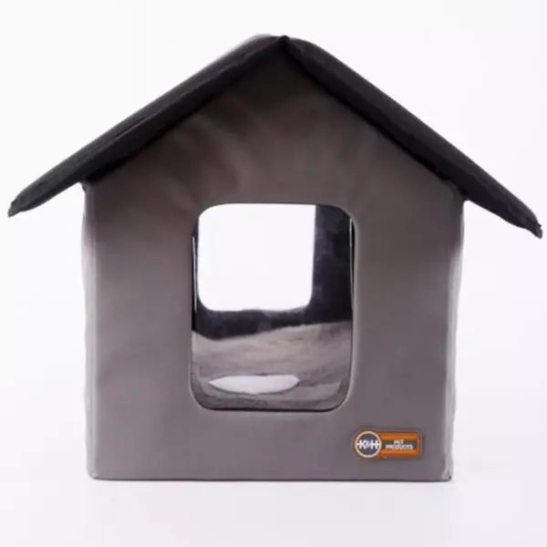 K&H Pet Products 3996 Thermo Outdoor Water Resistant Heated Kitty House with 2 Door Flaps Safety Escape For Feral and Outdoor Cats, Gray, Black