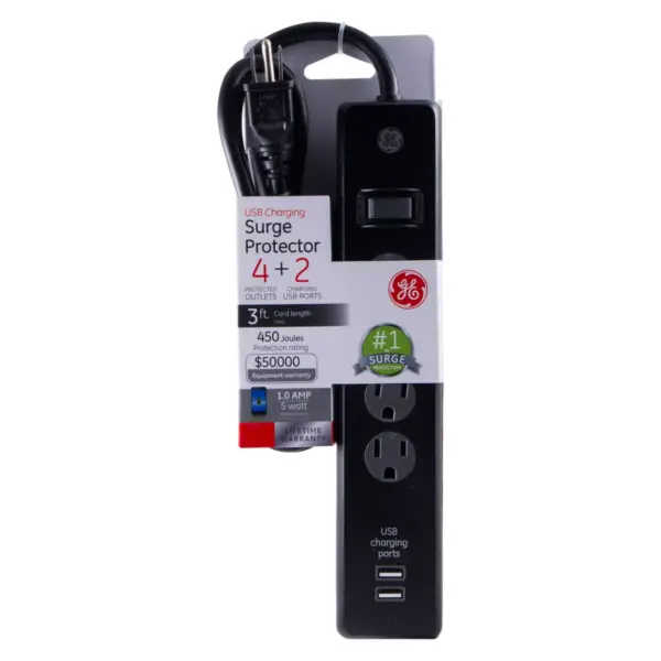 General Electric 4 Outlet Surge Protector Power Strip With 2 USB Ports