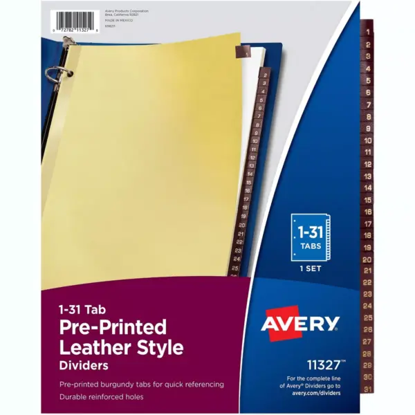 Avery Red Lthr Tab Dividers Printed 1-31 8-1/2"x11" 31 Tabs Buff 11327