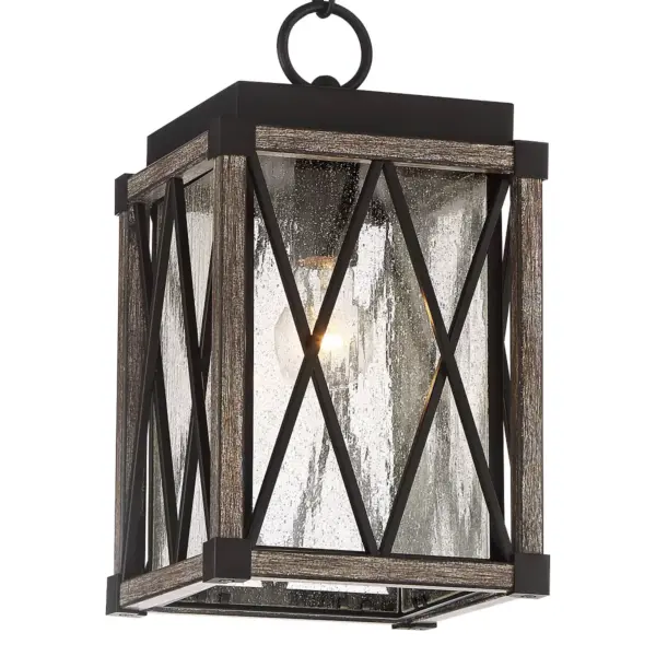 Possini Euro Design Rustic Outdoor Ceiling Light Hanging Bronze Wood 14 1/2" Clear Seedy Glass Lantern Exterior House Porch Patio