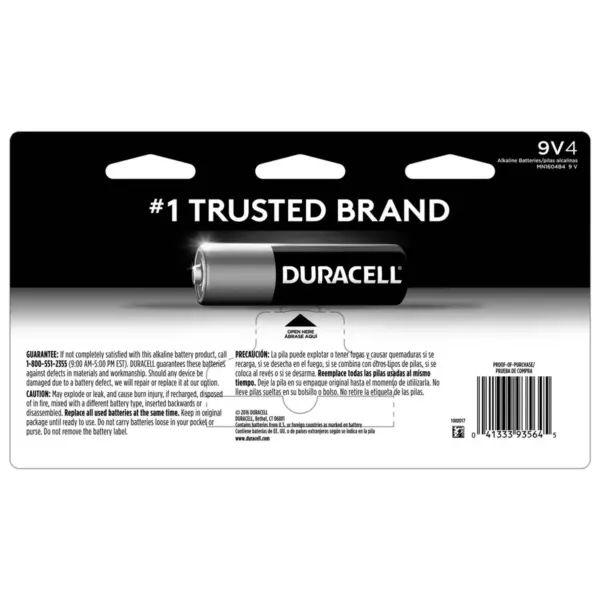 Duracell Coppertop 9V Batteries - 4 Pack Alkaline Battery