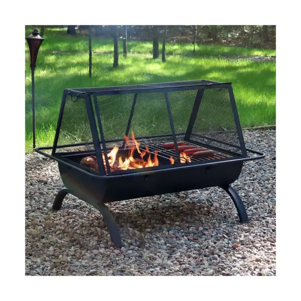 Sunnydaze Outdoor Camping or Backyard Rectangular Northland Fire Pit with Cooking Grill Grate, Spark Screen, Log Poker, and Fire Pit Cover - 36"