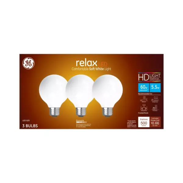 General Electric 3pk 60W Ca Relax LED Light Bulb SW G25 Globe Frost