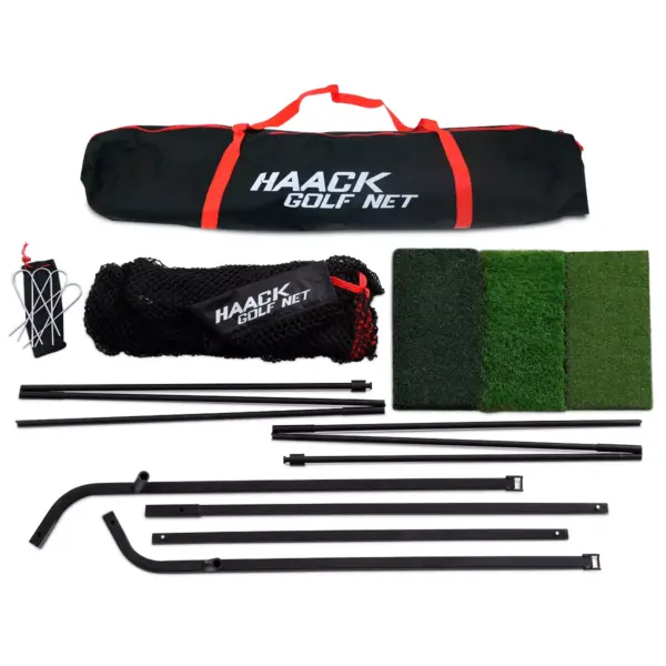 Rukket Sports 3-Piece Home Golf Swing Training Aid Kit with 10 x 7-Foot Net, Portable Tri-Turf Mat, and Convenient Carry Bag