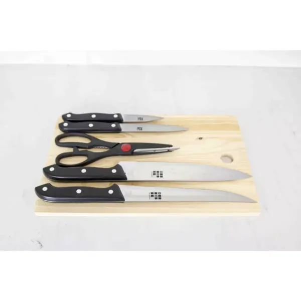 Home Basics Essentials Series 5 Piece Stainless Steel Knife Set with All Natural Wood Cutting Board