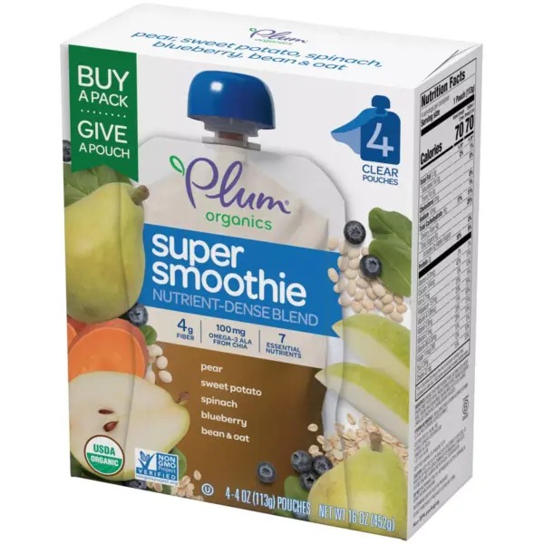 Plum Organics 4pk Super Smoothie Pear Sweet Potato Spinach Blueberry Bean & Oat - 16oz