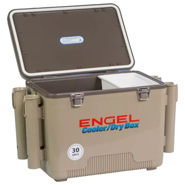 Engel 30-Quart 48 Can Portable Leak-Proof Compact Lightweight Insulated Airtight Hard Drybox Cooler with 4 Rod Holders for Fishing, and Camping, Tan