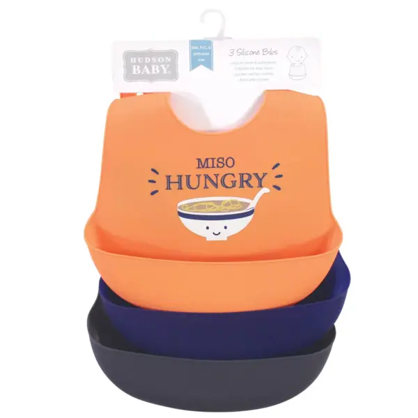 Hudson Baby Infant Boy Silicone Bibs 3pk, Miso Hungry, One Size