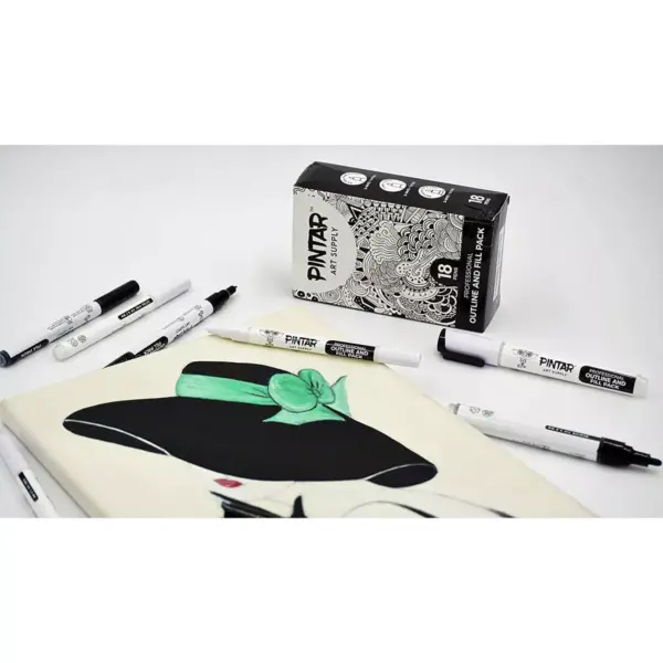 Pintar Art Supply Professional Outline & Fill Pack - Set of 18 Black/White Paint Markers