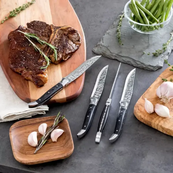 French Home Laguiole 4pk Stainless Steel Connoisseur BBQ Steak Knives with Wood Handles Black