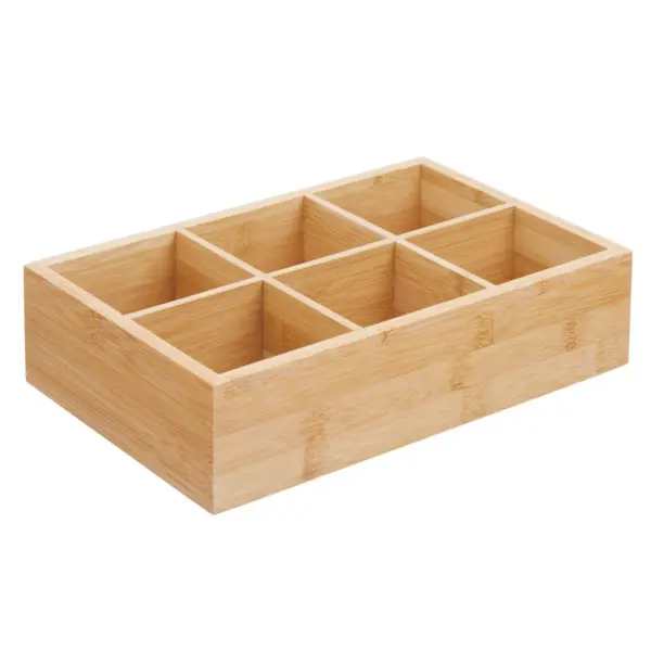 mDesign Bamboo Wood Tea & Food Organizer Bin - 6 Sections, 2 Pack - Natural