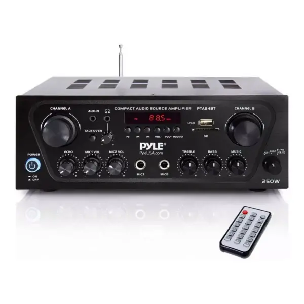 Pyle PTA24BT  250 Watt 2 Channel Compact Wireless Bluetooth Home Audio Amplifier Stereo Receiver Sound System with Microphone Inputs and Remote