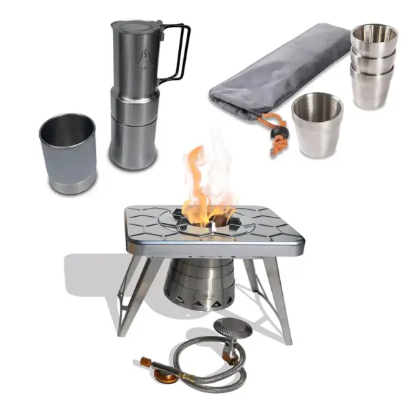 nCamp Basic 4 Pack 6 Oz Stainless Steel Stackable Cups Camping Set Bundle with Outdoor Camping Stove, Gas Adapter Hose and Espresso Style Coffee Maker