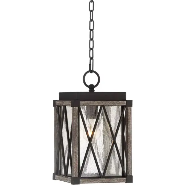 Possini Euro Design Rustic Outdoor Ceiling Light Hanging Bronze Wood 14 1/2" Clear Seedy Glass Lantern Exterior House Porch Patio