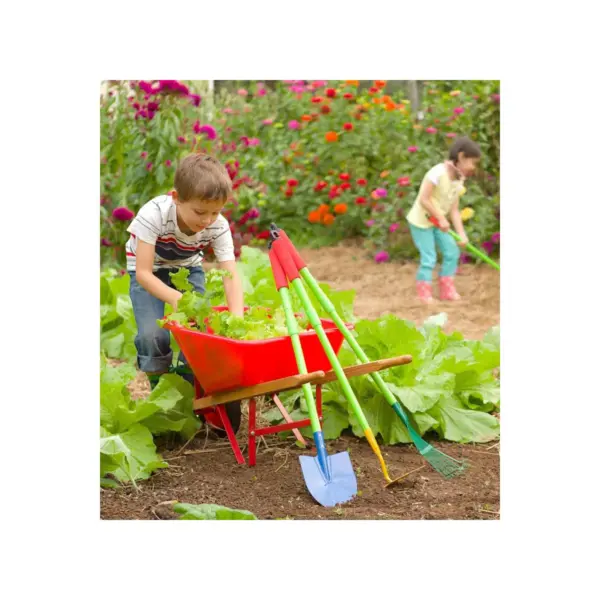 HearthSong - Kid's Red Garden Wheelbarrow with Wood Handles, Steel Braces and Solid Tire